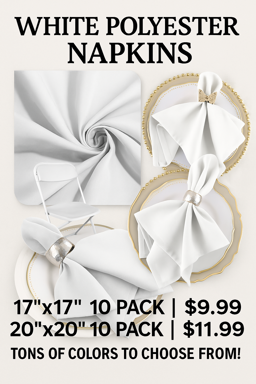 10 Pack White Cloth Napkins (Polyester-All Colors)